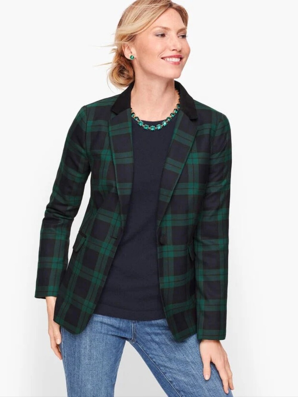 Talbots Velvet Trim Black Watch Plaid Blazer 10 Petite Wool Blend